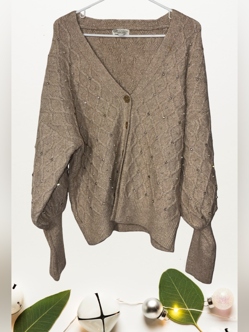 ✨Cato Limited Edition Neutral Beige Pearl Beaded Cable Knit Cardigan Large